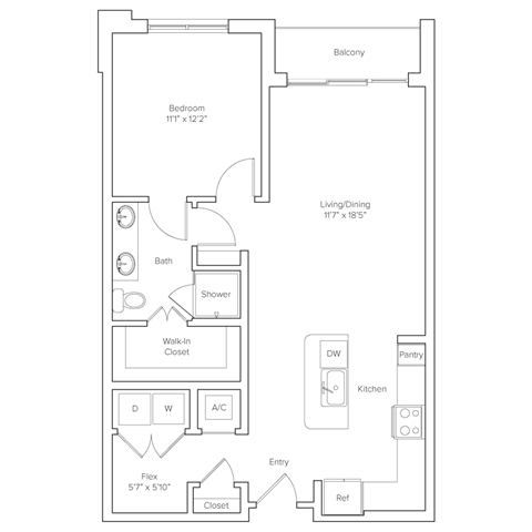 Floor plan for 1 bed, 1 bath, 857 sqft