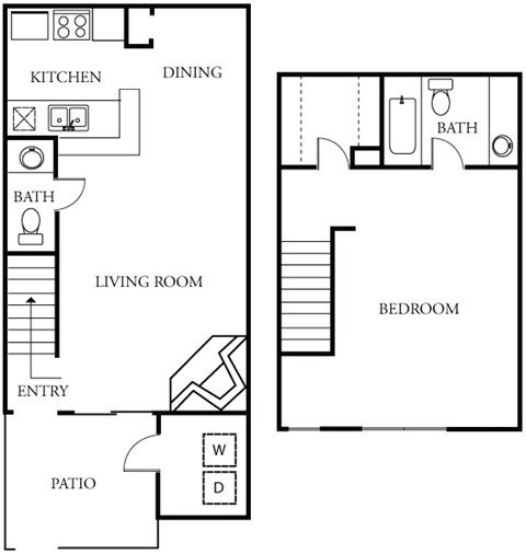 Floor plan for 1 bed, 1.5 baths, 700 sqft