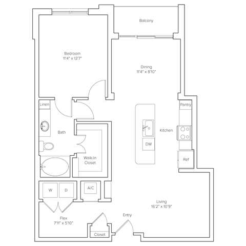 Floor plan for 1 bed, 1 bath, 946 sqft
