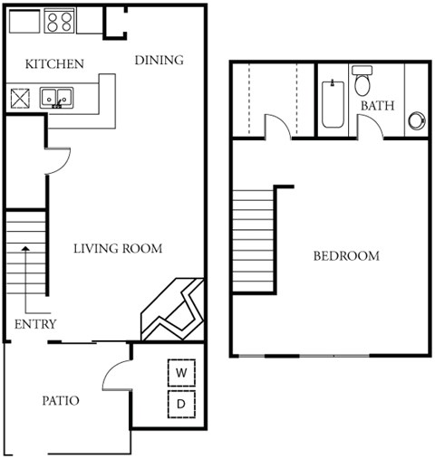 Floor plan for 1 bed, 1 bath, 734 sqft