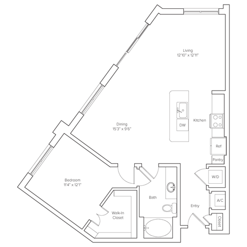 Floor plan for 1 bed, 1 bath, 951 sqft