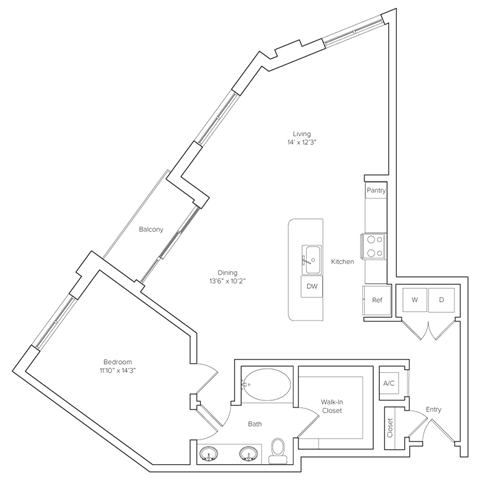 Floor plan for 1 bed, 1 bath, 1043 sqft