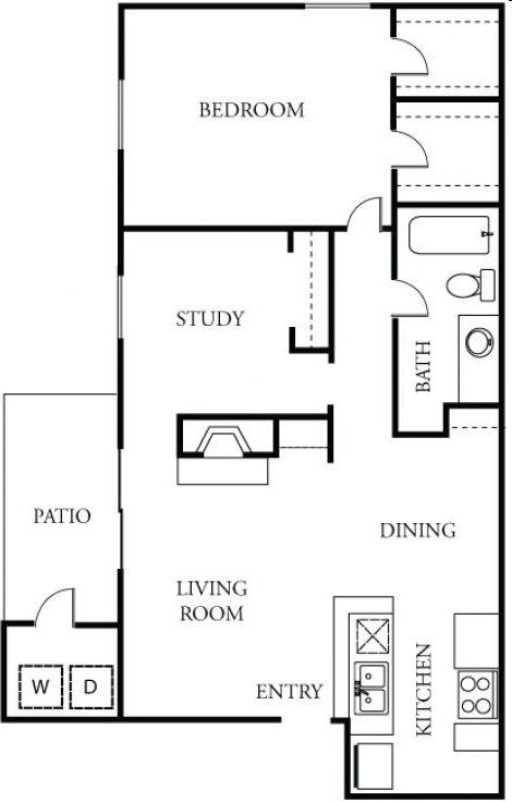 Floor plan for 2 beds, 1 bath, 891 sqft