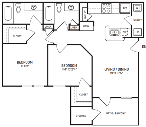 Floor plan for 2 beds, 2 baths, 901 sqft