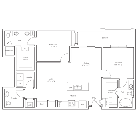 Floor plan for 2 beds, 2.5 baths, 1246 sqft