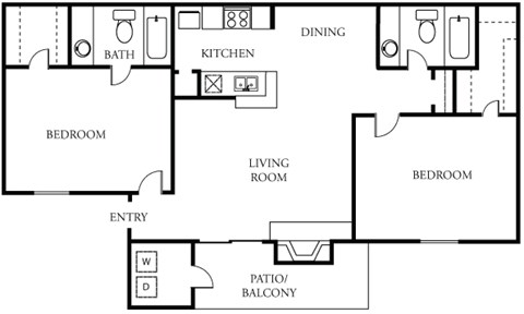 Floor plan for 2 beds, 2 baths, 933 sqft