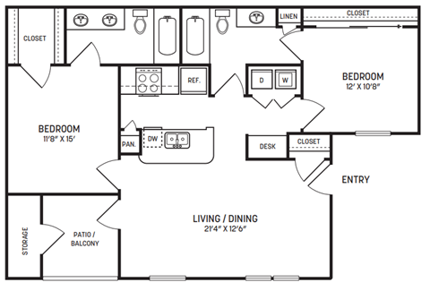 Floor plan for 2 beds, 2 baths, 982 sqft