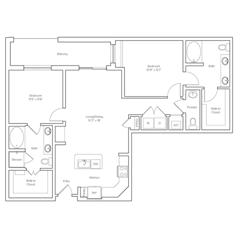 Floor plan for 2 beds, 2.5 baths, 1248 sqft