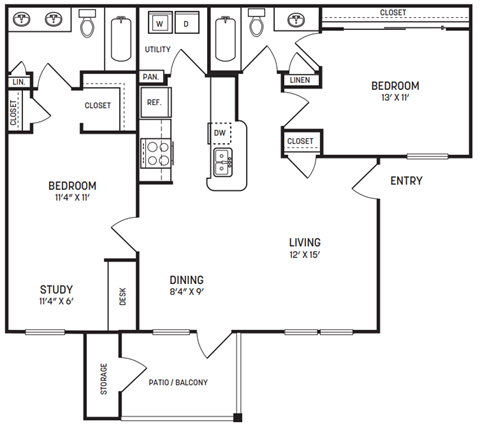 Floor plan for 2 beds, 2 baths, 1073 sqft