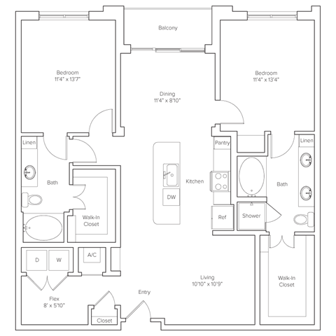 Floor plan for 2 beds, 2 baths, 1311 sqft
