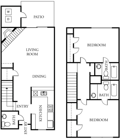 Floor plan for 2 beds, 2.5 baths, 1064 sqft
