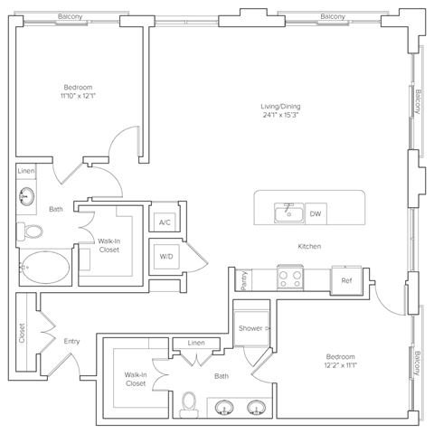 Floor plan for 2 beds, 2 baths, 1375 sqft
