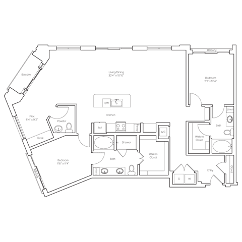 Floor plan for 2 beds, 2.5 baths, 1665 sqft