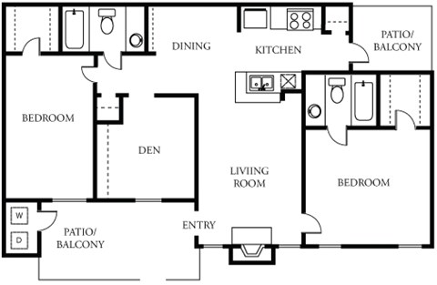 Floor plan for 3 beds, 2 baths, 1064 sqft
