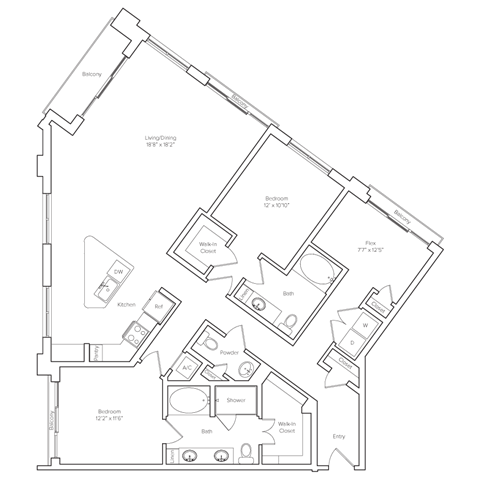 Floor plan for 2 beds, 2.5 baths, 1799 sqft
