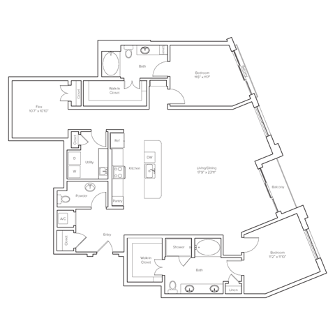 Floor plan for 2 beds, 2.5 baths, 1914 sqft
