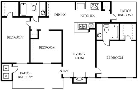 Floor plan for 3 beds, 2 baths, 1086 sqft