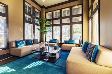 Tomball apartment for rent - A living room with a blue rug and a large window.