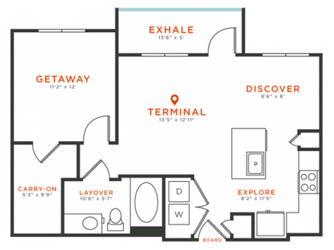 Floor plan for 1 bed, 1 bath, 718 sqft