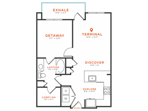 Floor plan for 1 bed, 1 bath, 756 sqft