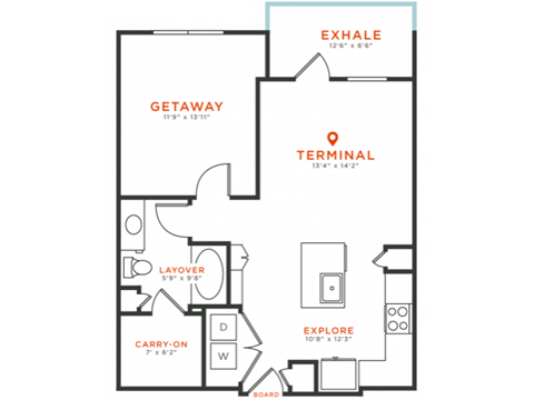Floor plan for 1 bed, 1 bath, 775 sqft