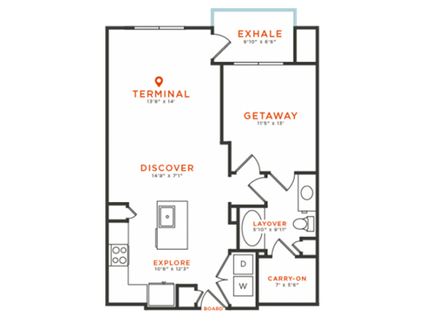 Floor plan for 1 bed, 1 bath, 835 sqft