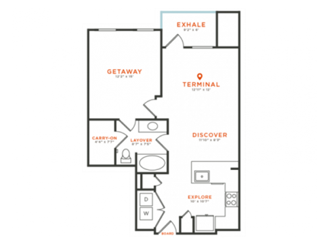 Floor plan for 1 bed, 1 bath, 773 sqft