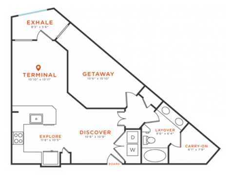 Floor plan for 1 bed, 1 bath, 773 sqft