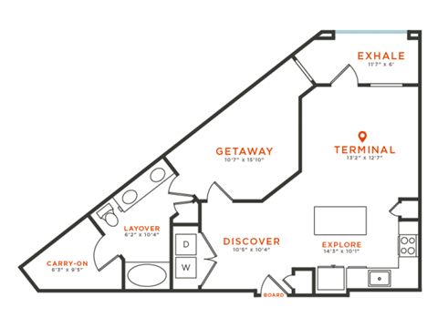 Floor plan for 1 bed, 1 bath, 807 sqft