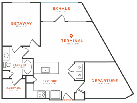 Floor plan for 1 bed, 1 bath, 987 sqft
