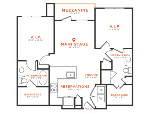 Floor plan for 2 beds, 2 baths, 972 sqft