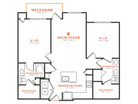 Floor plan for 2 beds, 2 baths, 1099 sqft