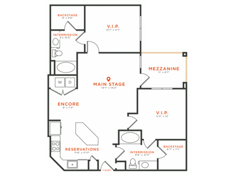 Floor plan for 2 beds, 2 baths, 1101 sqft