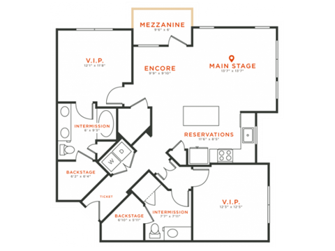 Floor plan for 2 beds, 2 baths, 1165 sqft