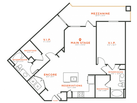 Floor plan for 2 beds, 2 baths, 1186 sqft