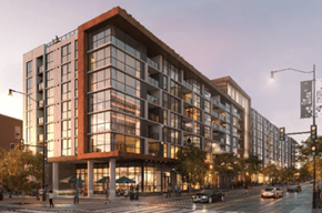 Washington apartment for rent - A modern building with a lot of windows is shown.