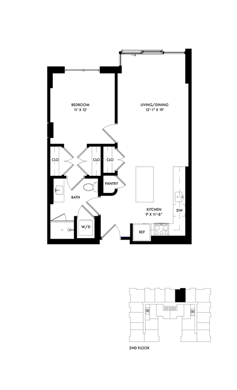 Floor plan for 1 bed, 1 bath, 745 sqft