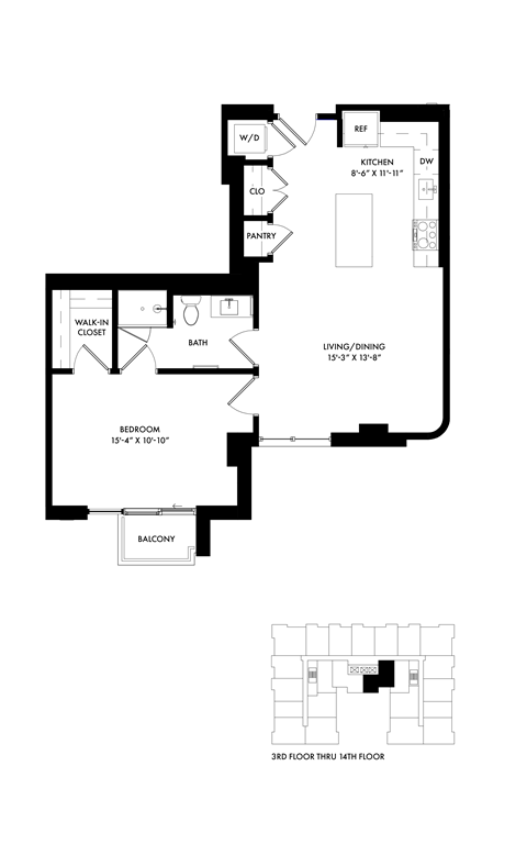 Floor plan for 1 bed, 1 bath, 801 sqft