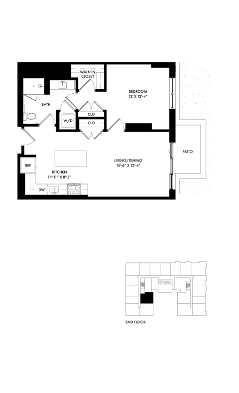 Floor plan for 1 bed, 1 bath, 738 sqft