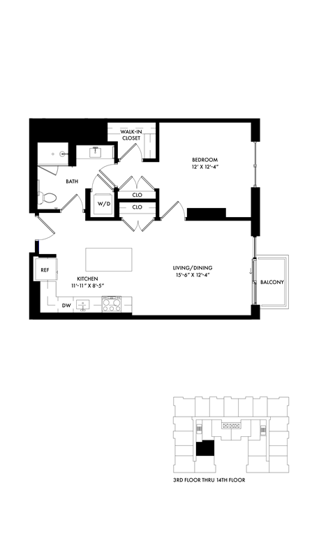 Floor plan for 1 bed, 1 bath, 737 sqft