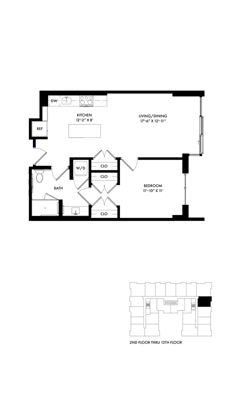 Floor plan for 1 bed, 1 bath, 736 sqft