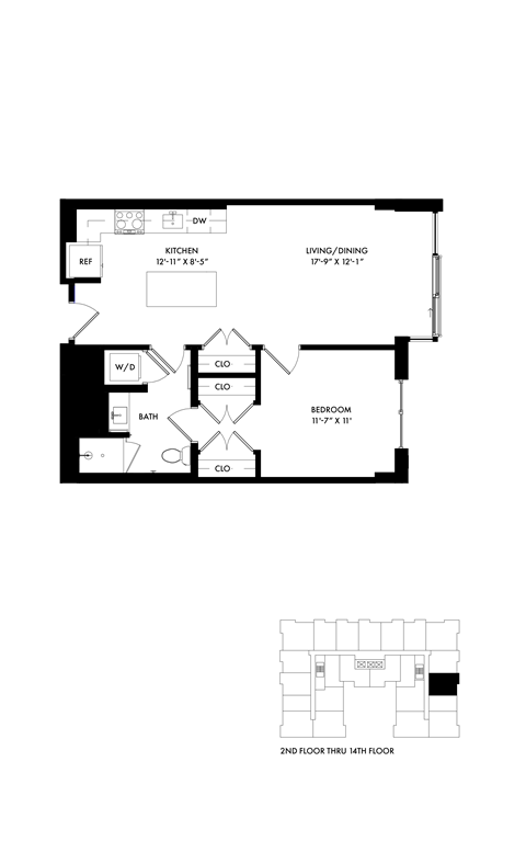 Floor plan for 1 bed, 1 bath, 732 sqft