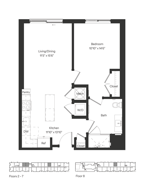 Floor plan for 1 bed, 1 bath, 740 sqft