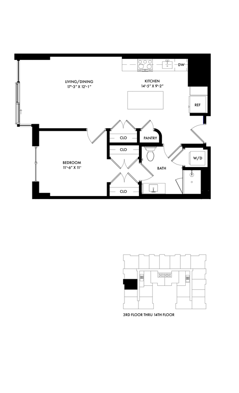 Floor plan for 1 bed, 1 bath, 731 sqft