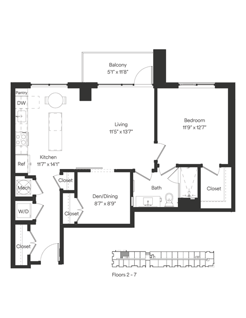 Floor plan for 2 beds, 1 bath, 867 sqft