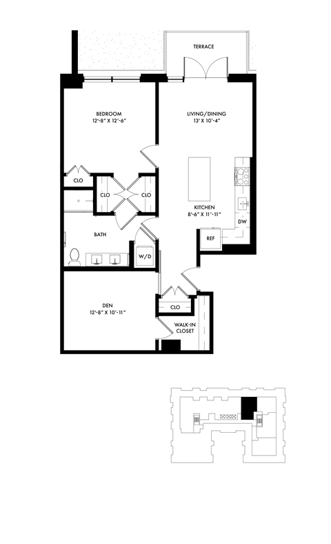 Floor plan for 1 bed, 1 bath, 934 sqft