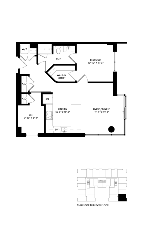 Floor plan for 1 bed, 1 bath, 846 sqft