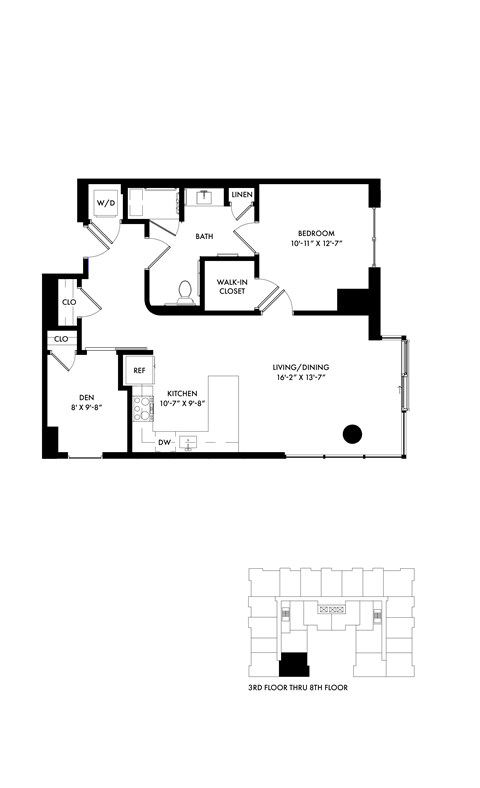 Floor plan for 1 bed, 1 bath, 922 sqft
