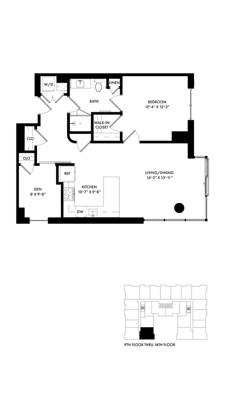 Floor plan for 1 bed, 1 bath, 922 sqft