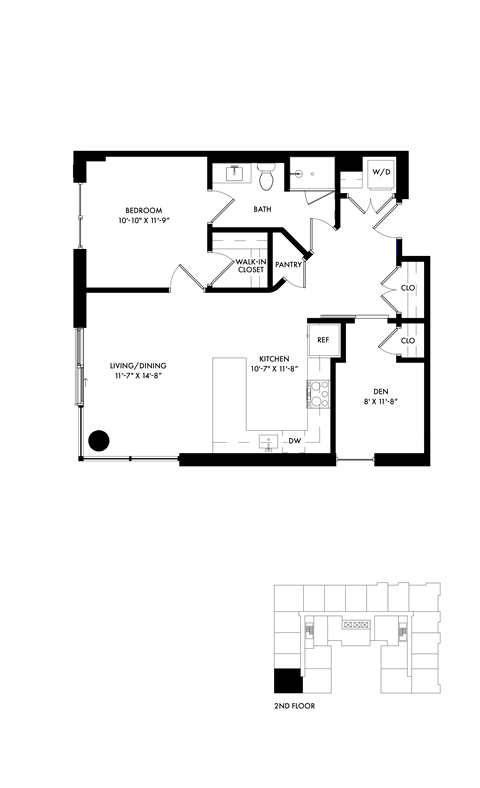 Floor plan for 1 bed, 1 bath, 855 sqft